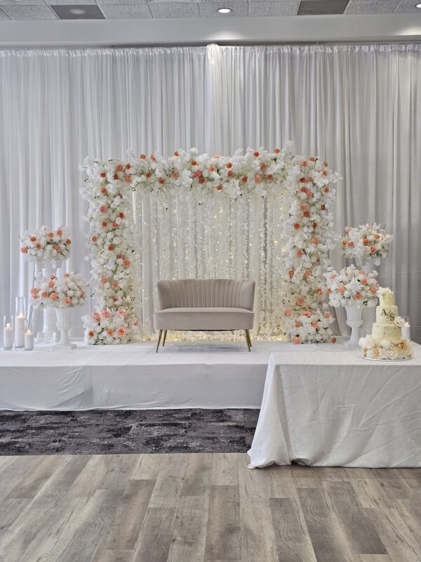 6ft Pre-Made White Arrangement.  Hydrangeas, Roses, Orchids and Cherry Blossoms