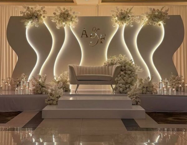 8ft x22ft Curve Wood Backdrop with White Led Lights